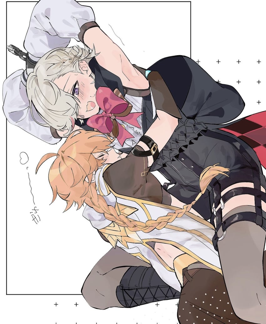 2boys aether_(genshin_impact) armpits arms_up blush bound bound_wrists bowtie braid chained dh_vxt femboy garter_straps genshin_impact hug lyney_(genshin_impact) male male_only males_only ponytail restrained sleeveless thighhighs twink yaoi