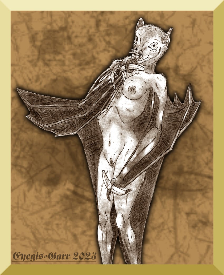 anthro banana bat bat_ears bat_nose bat_wings breasts eyegis-garr female flying_fox food fruit hi_res looking_at_viewer mammal megabat membrane_(anatomy) membranous_wings navel nude plant shaded simple_background simple_shading solo standing tongue tongue_out wings