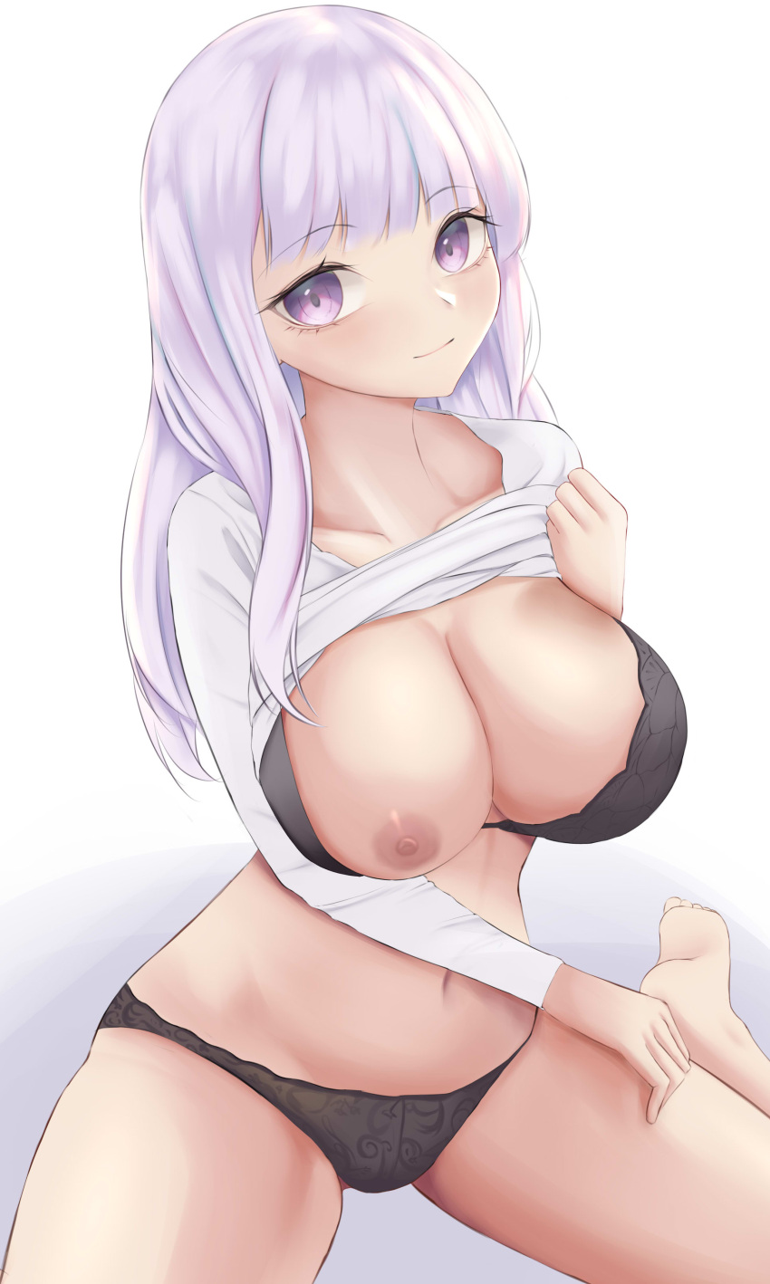 1girls areola azur_lane belly_button black_bra black_panties bra breasts female female_only huge_breasts kedeee light-skinned_female light_skin looking_at_viewer nipple panties pink_hair plymouth_(azur_lane) purple_eyes royal_navy_(azur_lane) seductive shirt shirt_lift solo teasing