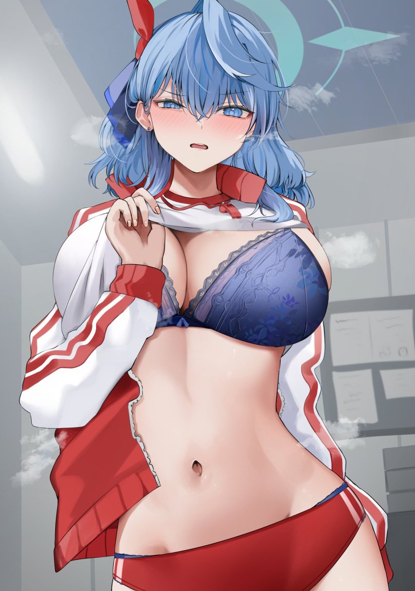 ako_(blue_archive) blue_archive blush bra buruma gehenna_academy_student gigantic_breasts gym_uniform heavy_breathing hips horny_female huge_breasts office pov prefect_team_(blue_archive) presenting_breasts raised_eyebrows san_(harutuki_3) school steaming_body taking_clothes_off