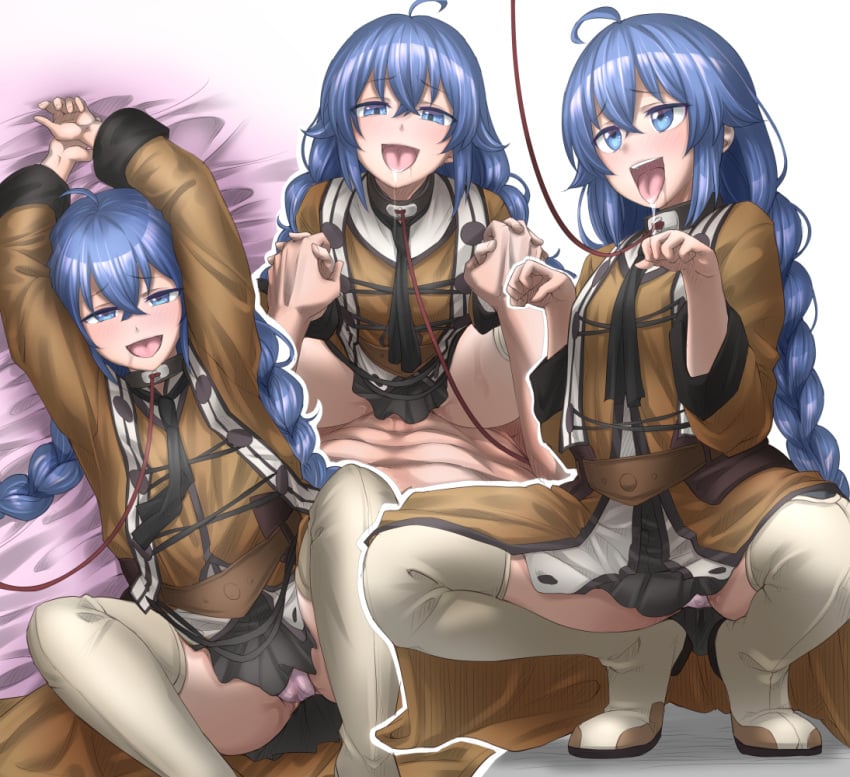 1boy 1girls ahe_gao ahegao ahoge begging_pose black_skirt blue_eyes blue_hair blue_hair_female boots braid braided_hair braided_twintails brown_robe collar collar_and_leash conte_ryuu covered_penetration cowgirl_position drooling female femsub happy happy_female happy_sex happy_sub implied_sex interlocked_fingers kneehigh_boots leash leash_and_collar light-skinned_female light-skinned_male light_skin long_hair maledom muscular_male mushoku_tensei on_toes panties petplay pink_panties pleated_skirt pussy_juice robe roxy_migurdia rudeus_greyrat skirt solo_focus straddling straight submissive_female thigh_boots thighhigh_boots tongue tongue_out twin_braids underwear utter_domination