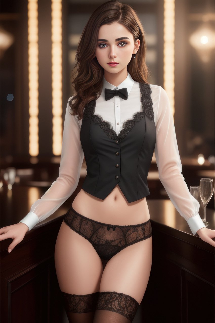 ai_generated bowtie button_down_shirt caucasian_female female female_focus female_only indoors job panties thighhighs uniform uniform_top vest waitress waitress_uniform wide_hips work worker young_woman