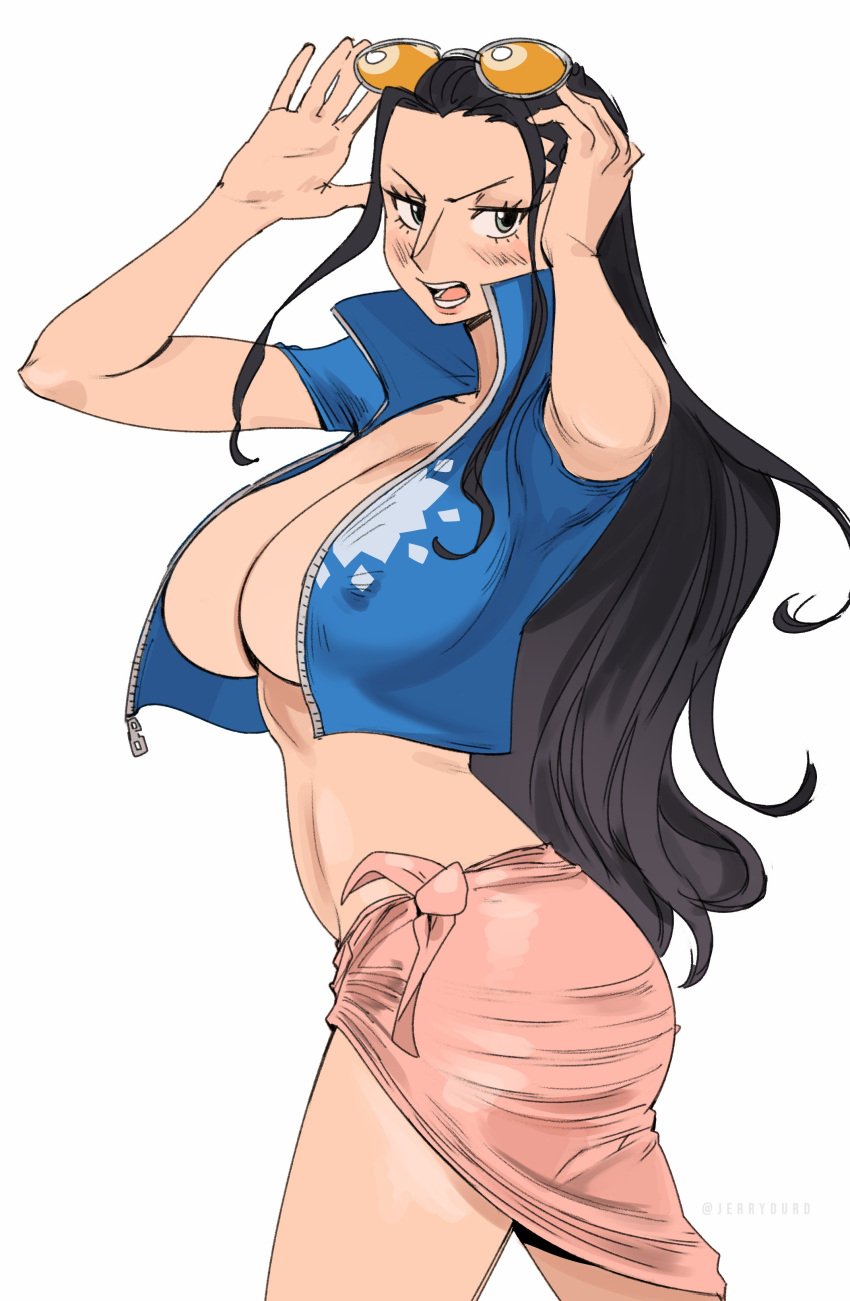 1girls black_hair cleavage female female_only jerrydurd large_breasts long_hair nico_robin no_bra one_piece post-timeskip sarong standing sunglasses sunglasses_on_head white_background