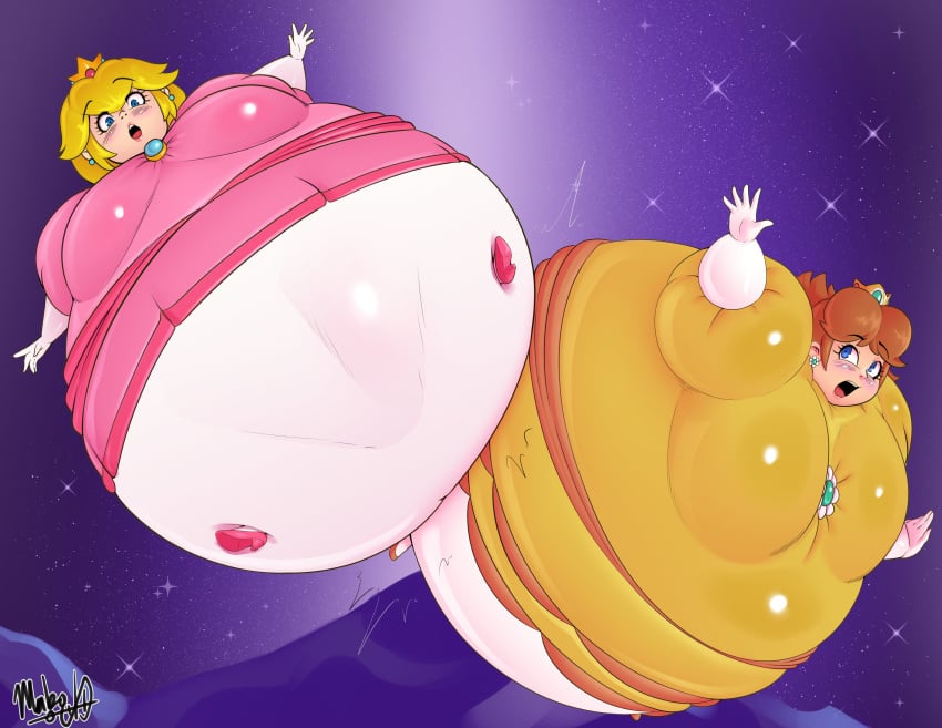 2girls air_inflation big_breasts bloomers blush breasts bumping dress expansion female female_only floating flustered full_body_inflation inflation inflation_fetish mabocorescant mario_(series) princess princess_daisy princess_peach pussy_outline round_belly sky space spherical_inflation starry_sky sunken_limbs super_mario_bros._wonder