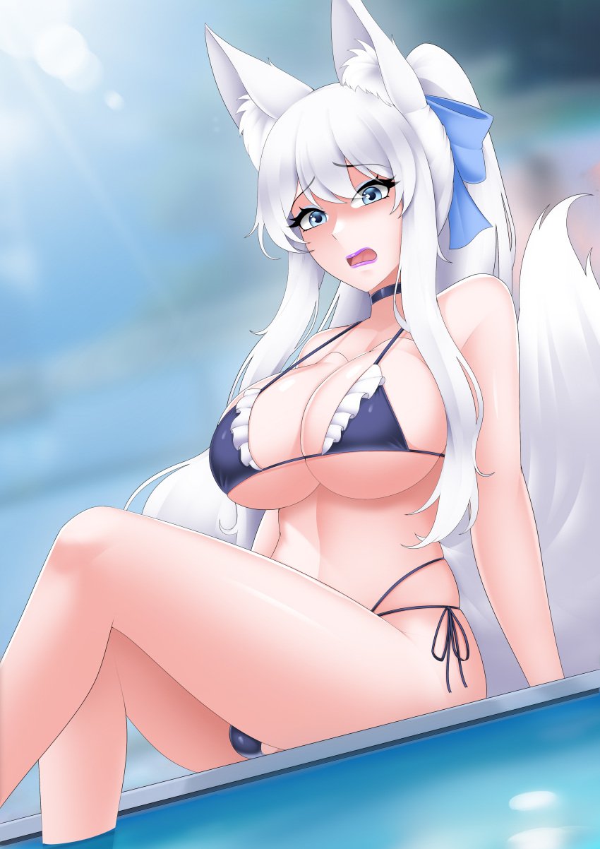 1boy 2023 bikini bulge color fake_breasts feminization fox_girl jesscatg purple_lipstick sylver_(jesscatg) tagme uncensored white_hair