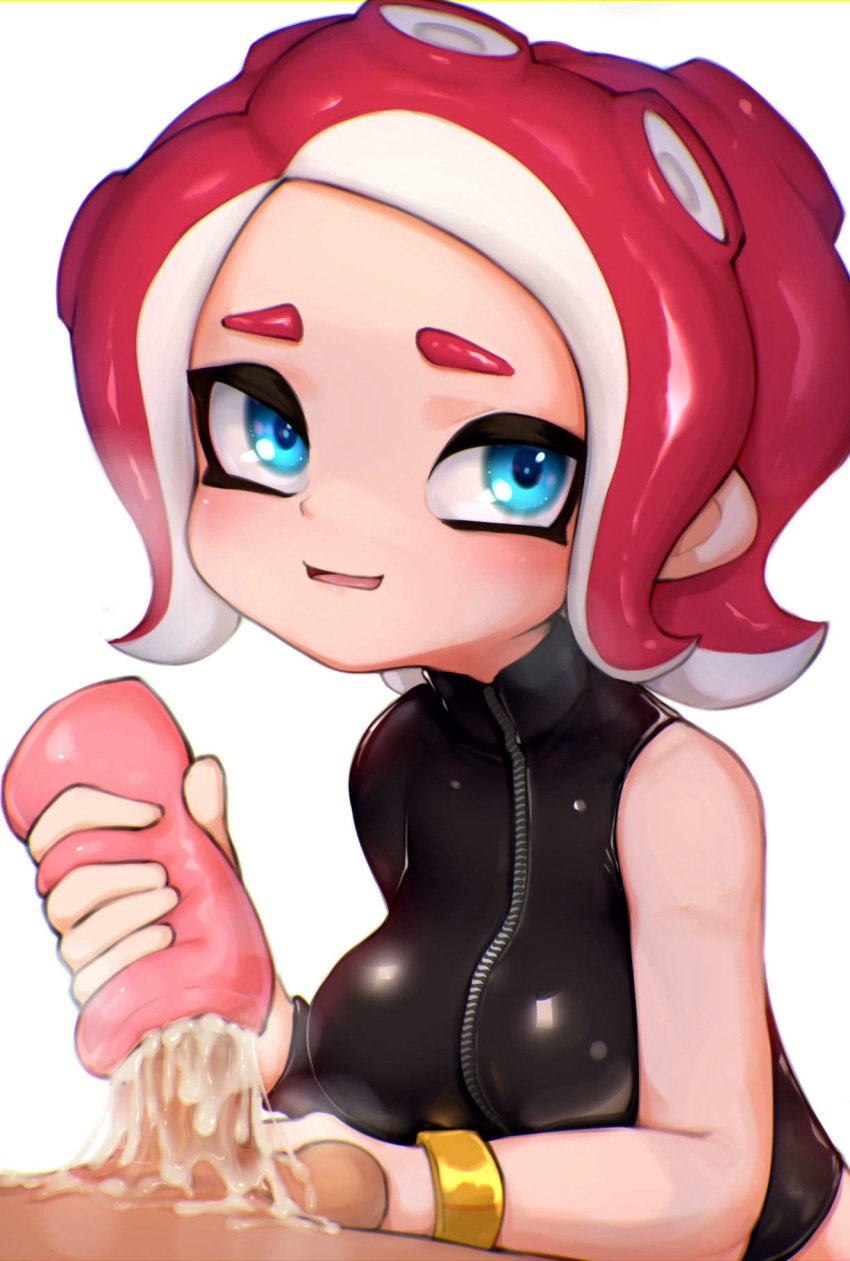 1boy 1girls agent_8_(splatoon) bodysuit caressing_testicles cum dark-skinned_male fleshlight handjob hizake kashu_(hizake) octoling penis pink_hair pink_tentacles rubber_topwear sex_toy splatoon splatoon_(series) splatoon_2 splatoon_3 tan_body upper_body