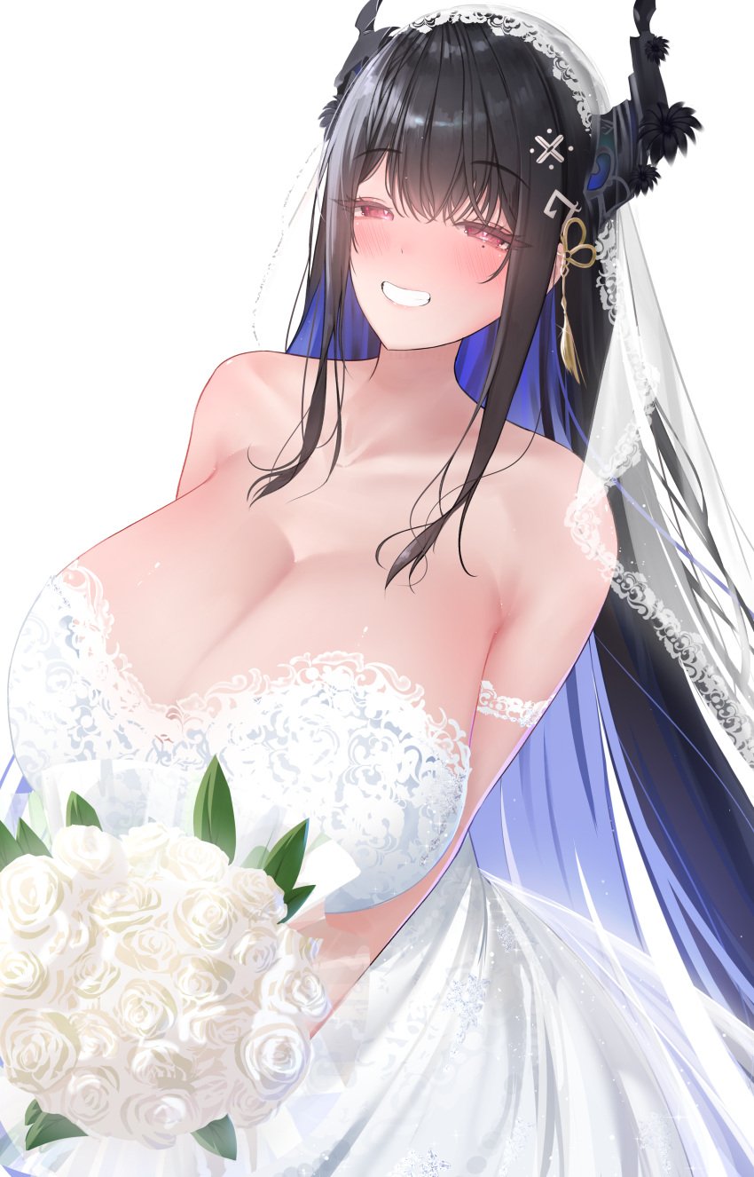 1girls absurdres asymmetrical_horns bare_shoulders black_hair blue_hair blush breasts bridal_veil bride cleavage collarbone colored_inner_hair demon_horns dress female female_only flower hair_ornament heart heart-shaped_pupils highres holding holding_flower hololive hololive_english hololive_english_-advent- horns large_breasts light-skinned_female light_skin long_hair looking_at_viewer mole mole_under_eye multicolored_hair nerissa_ravencroft prab red_eyes solo symbol-shaped_pupils two-tone_hair uneven_horns veil virtual_youtuber wedding_dress white_background white_dress