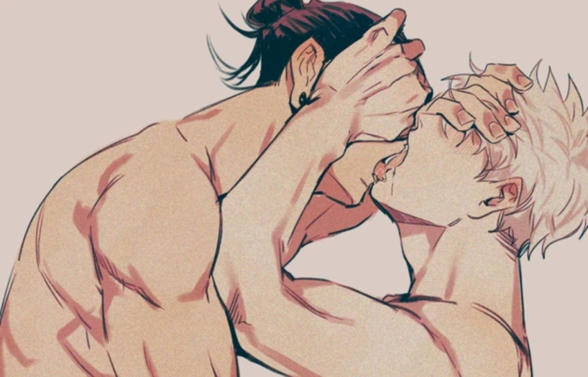 eyes_covered gay jujutsu_kaisen makeout open_mouth_kiss saliva_on_face saliva_on_tongue satoru_gojo suguru_geto tongue_kiss