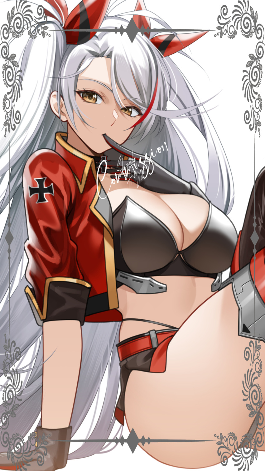 1girls azur_lane black_gloves breasts brown_eyes cleavage female finger_to_mouth gloves hair_between_eyes hair_ribbon iron_blood_(azur_lane) large_breasts light-skinned_female light_skin long_hair looking_at_viewer prinz_eugen_(azur_lane) race_queen red_ribbon ribbon shizuko_hideyoshi simple_background sitting solo twintails white_background white_hair