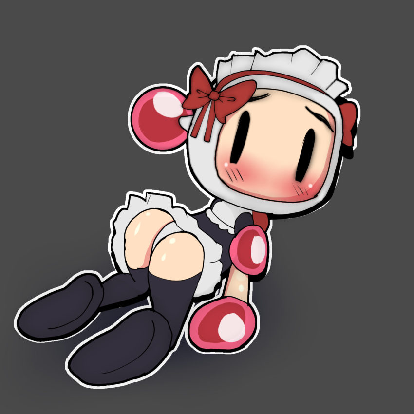 ass blush bomberman crossdressing dress humanoid maid maid_dress maid_headdress maid_uniform male no_humans non-human non-human_only panties pantyshot shirobon stockings upskirt white_bomber white_bomberman yaoi