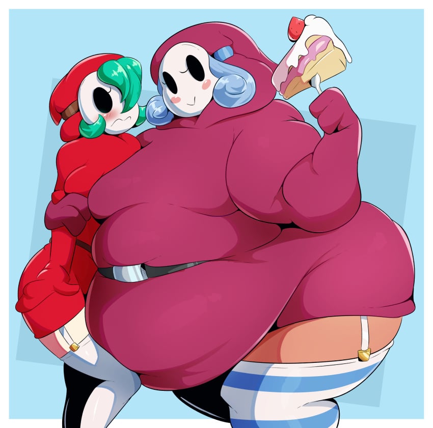 2girls bbw big_belly big_breasts blue_hair blush blush_stickers cake cake_slice fat fat_woman female_only frown gourmet_guy grabbing green_hair hug huge_belly large_breasts mario_(series) mask masked_female morbidly_obese morbidly_obese_female nintendo overweight overweight_female paper_mario robe rule_63 shy_gal shy_gal_red side_hug smile ssbbw stockings striped_legwear thick_thighs veryfilthything