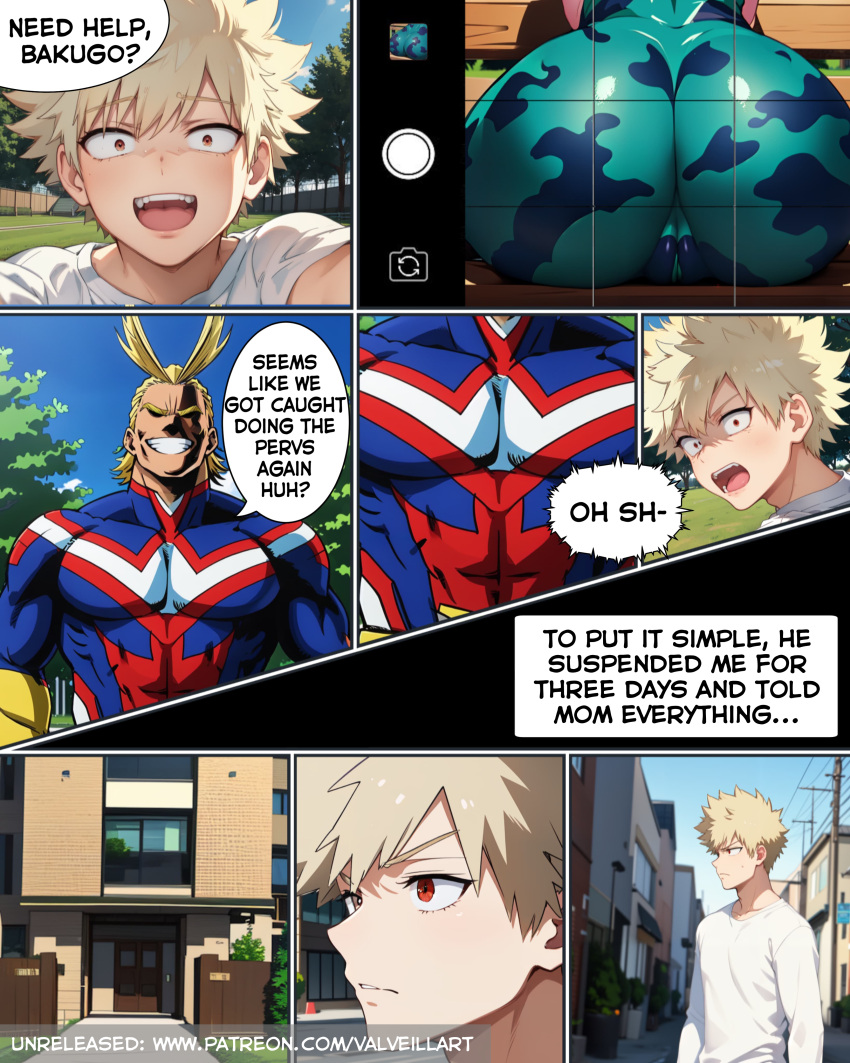 1girls 2boys ai_generated alien alien_girl all_might ass bakugou_katsuki big_ass big_butt black_sclera blonde_hair blush boku_no_hero_academia cameltoe caught caught_staring clothing comic comic_page comic_panel dialogue digital_media_(artwork) duo english_text eyebrows_visible_through_hair female fur genitals hi_res huge_ass huge_butt jacket katsuki_bakugou large_ass legwear light_skin looking_at_viewer looking_back male male/female manga manga_page mina_ashido my_hero_academia no_bra no_panties open_mouth outdoors patreon_exclusive patreon_leak patreon_link patreon_only_post patreon_reward patreon_url patreon_username peeping peeping_tom phone_screen pink_hair pink_skin plugsuit purple_skin rear_view red_eyes smile sneaking sneaky spread_legs standing sweat tagme taking_picture teeth text thick_thighs toshinori_yagi uncensored underboob uniform upper_body url valveillart voluptuous watermark white_fur wide_hips yellow_eyes zero_suit