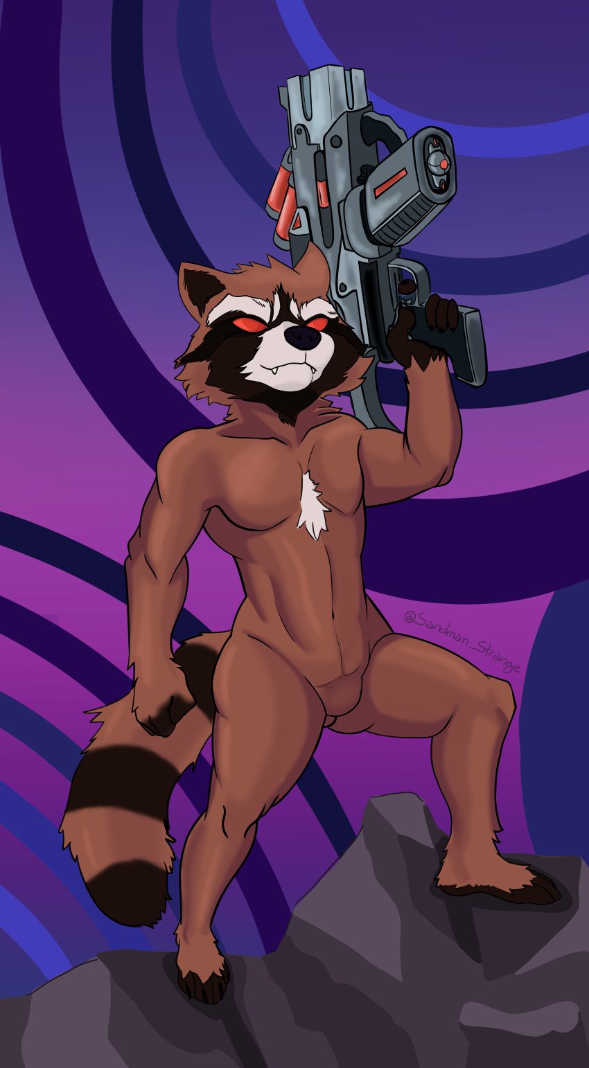 absurd_res anthro chest_tuft featureless_crotch guardians_of_the_galaxy gun hi_res male male_only mammal marvel nude procyonid raccoon ranged_weapon rocket_raccoon sandman_strange solo solo_focus tuft weapon