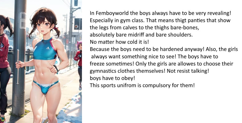 ai_generated androgynous braids brown_hair bulge bulge_through_clothing femboy forced forced_feminization freezing gym_clothes gym_clothing gym_shorts gym_uniform half_naked_female obligation panties running short_gymuniform sporsports_uniform sport_shorts sports_bra sports_shorts text trap