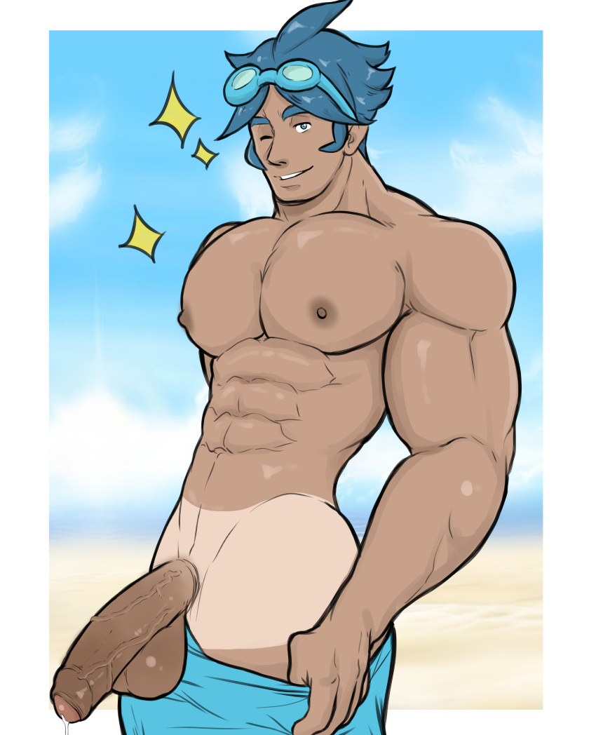 1boy abs balls bara beach big_balls big_muscles big_nipples big_pecs big_penis blue_hair flaccid gay goggles gym_leader hair hoybarartist human male male_only marlon_(pokemon) muscular muscular_human muscular_male navel nipples pants_down pecs penis pokemon pokemon_bw2 sand solo tan_body tanline water wink yaoi