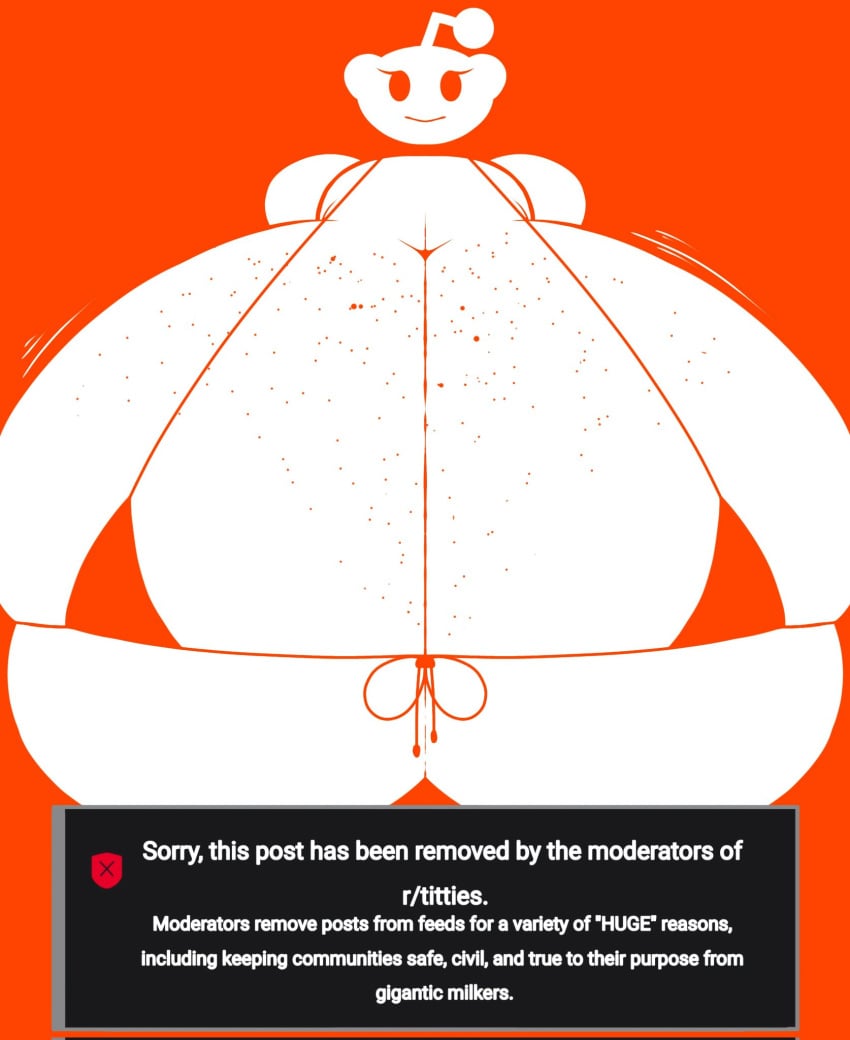 :> big_breasts bikini breasts freckles freckles_on_breasts giant_breasts hyper hyper_breasts massive_breasts mob_face motion_lines orange_background reddit snoo string_bikini text videogamedunky white_skin