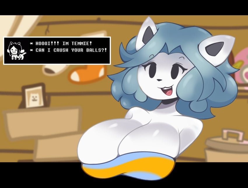 anthro ballbusting big_breasts breasts cleavage clothed clothing crop_top female grey_hair hair hi_res letherisreal open_mouth shirt smile solo tem tem_shop temmie_(undertale) text text_box topwear undertale undertale_(series) white_body white_skin