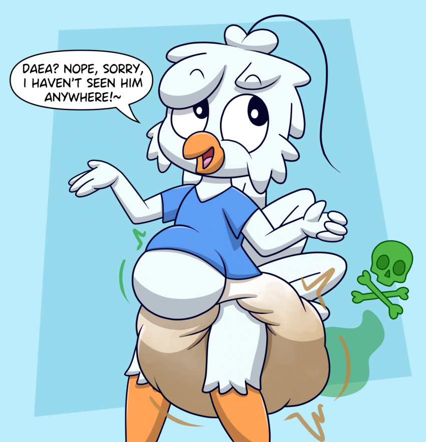 anthro avian blue_shirt death dialogue dialogue_box diaper disposal english_text fatal_vore furry messing messy_diaper nyx_star_(nyxiette_nyxstar) nyxiette_nyxstar pigeon scat vore