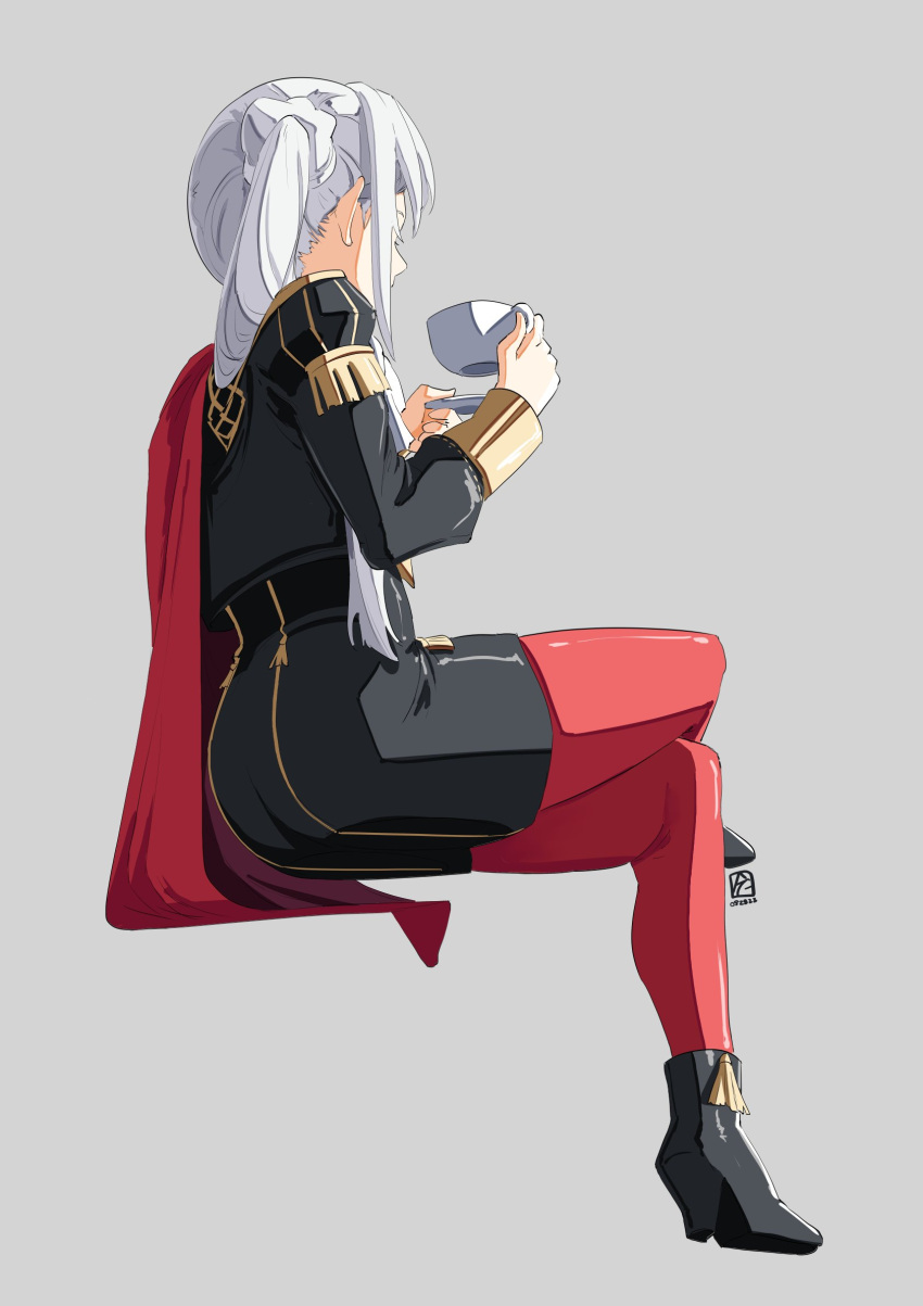 1girls 2023 2d adult adult_female artist_signature ass ass_focus automatic_giraffe back_view big_ass boots clothed clothed_female crossed_legs cup drinking edelgard_von_hresvelg female female_only fire_emblem fire_emblem:_three_houses from_below fully_clothed garreg_mach_monastery_uniform gray_background grey_background heel_boots heels human human_female human_only invisible_chair light-skinned_female light_skin long_hair nintendo no_sex pantyhose post-timeskip realistic_proportions red_pantyhose royalty safe_for_work side_ponytail side_view silver_background simple_background sitting solo solo_female straight_hair teacup white_hair young_woman