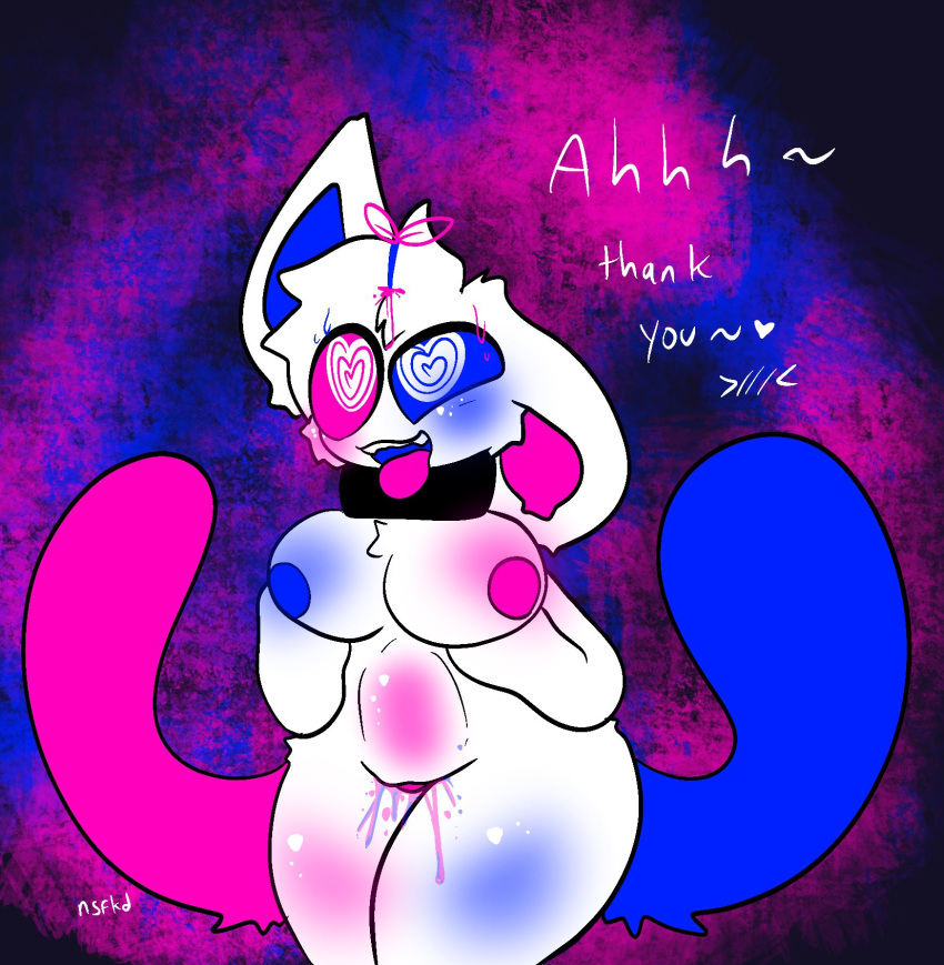 2_tails blue_cum blue_mouth blue_nipple blue_tail bulging_stomach cum_from_pussy cum_from_vagina furry furry_only heart-shaped_pupils heart_pupils kittydog_(species) kittydogcrystal multi_tail one_ear_down one_ear_up pink_cum pink_nipple pink_tail pink_tongue spiral_heart_pupils sticking_out_tongue sticking_tongue_out swappie_(kittydogcrystal) tongue_out white_fur