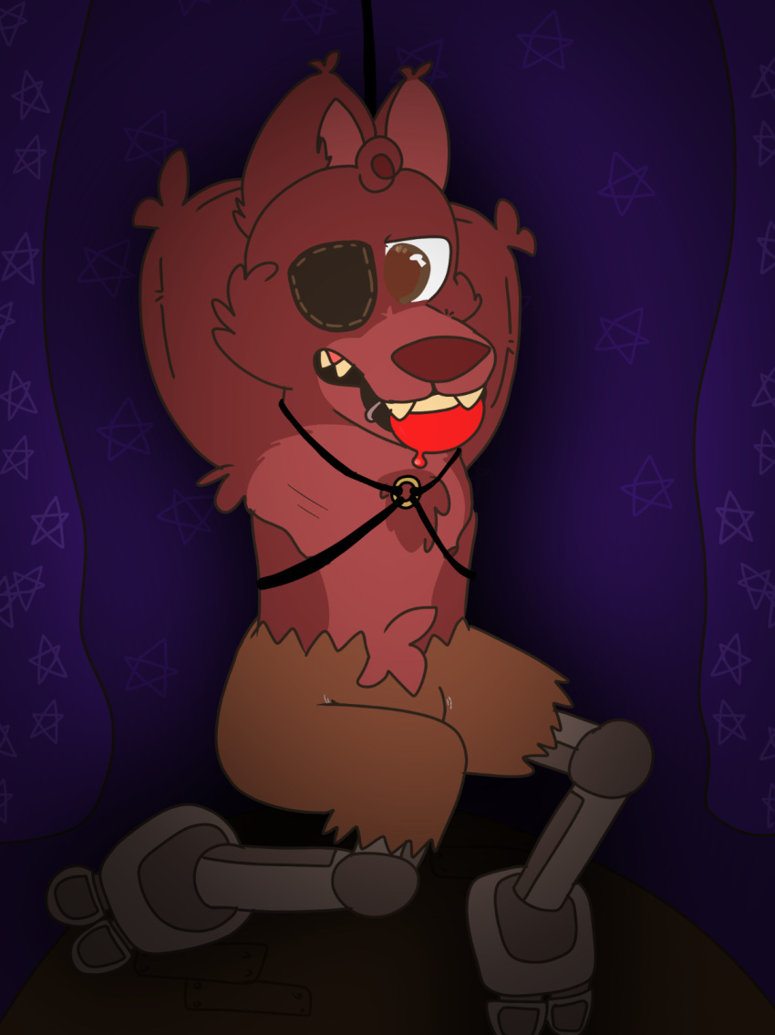 1boy animatronic anthro background ball_gag bondage canine eyepatch felixmcfurry five_nights_at_freddy's flat_colour fnaf fox foxy_(fnaf) furry furry_only gag gagged male male_only no_visible_genitalia pants penis_bulge pirate red_fur robot shorts simple tied_up toony