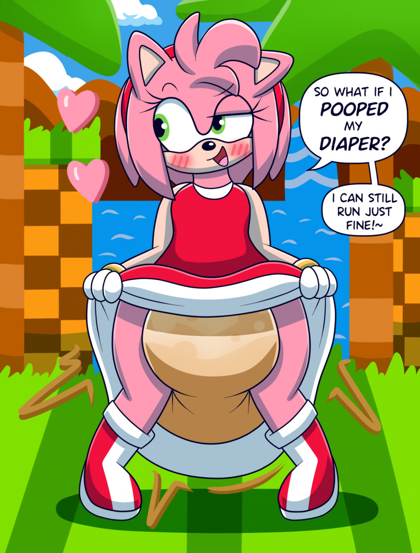 1girls amy_rose anthro blush dialogue dialogue_box diaper english_text green_eyes green_hill_zone messing messy_diaper nyxiette_nyxstar red_dress red_hairband scat sega sonic_(series) sonic_the_hedgehog_(series)