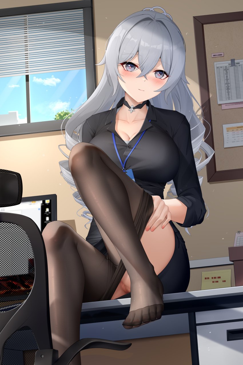 1girls barefoot black_jacket black_skirt blue_sky blush board breasts bronya_zaychik bronya_zaychik_(silverwing:_n-ex) censored chair cleavage closed_mouth crossed_bangs drill_hair feet female female_only foot_out_of_frame grey_eyes grey_hair highres honkai_(series) honkai_impact_3rd id_card indoors jacket knee_up lanyard large_breasts legs long_hair looking_at_viewer lrh0123 manicure monitor mosaic_censoring nail_polish no_panties no_shoes office office_chair office_lady orange_nails pussy skirt sky smile solo sticky_note swivel_chair table toenail_polish toenails toes twin_drills very_long_hair