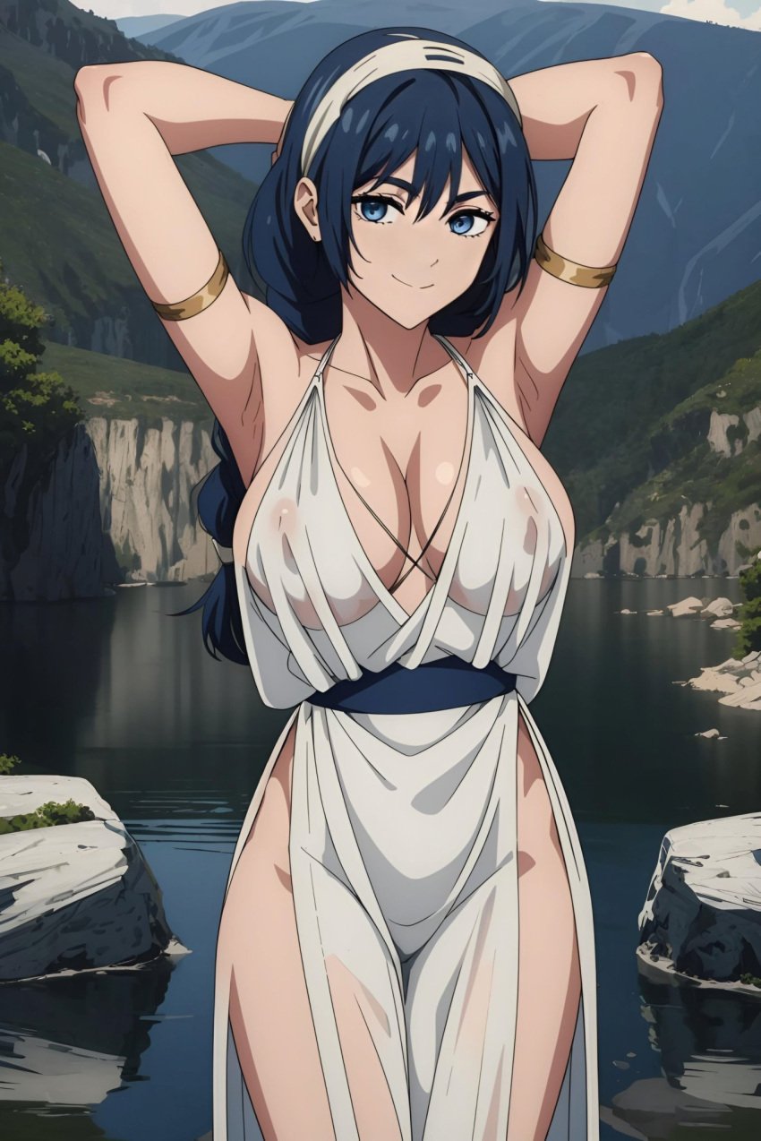 1girls ai_generated amanai_riko armpits arms_behind_head big_breasts blue_eyes blue_hair braid busty cleavage confident covered_erect_nipples deinacht dress erect_nipples_under_clothes female female_only hi_res jujutsu_kaisen lake large_breasts legs open_mouth pose posing seductive seductive_smile sensual sexy_armpits smile thighs water