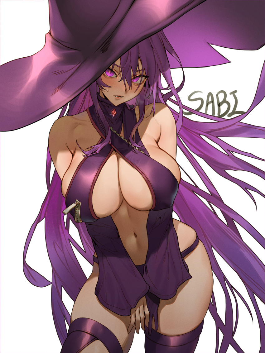 aisha_(elsword) bikini blush breasts cleavage criss-cross_halter detached_sleeves elsword hat highres large_breasts long_hair navel open_mouth oz_sorcerer_(elsword) pink_eyes purple_hair sabi_(ghke4333) solo standing swimsuit thighhighs witch_hat