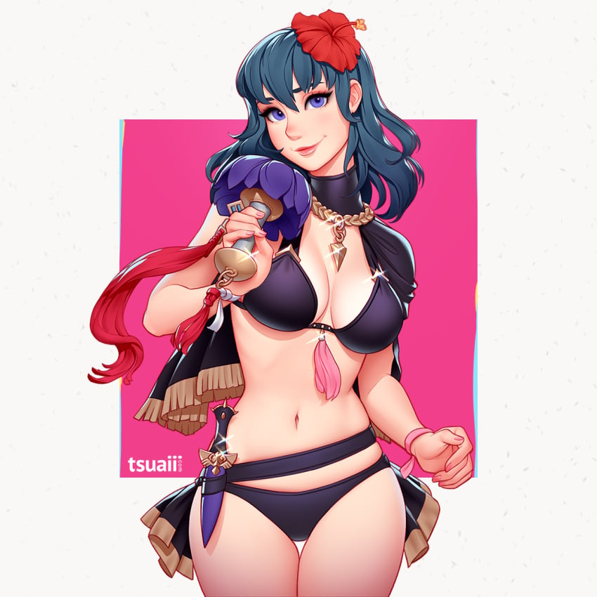 1girls alternate_costume bikini black_bikini black_capelet black_hair black_swimsuit blue_eyes blue_hair breasts byleth_(female)_(fire_emblem) byleth_(female)_(summer)_(fire_emblem) byleth_(fire_emblem) byleth_(fire_emblem)_(female) capelet female female_only fire_emblem fire_emblem:_three_houses fire_emblem_heroes flower hair_flower hair_ornament highres lips looking_at_viewer medium_breasts navel nintendo official_alternate_costume single_bare_shoulder smile solo swimsuit tsuaii