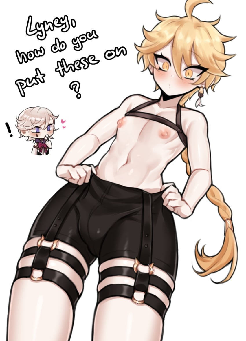 2boys aether_(genshin_impact) blonde_hair btms666 chibi english_text femboy femboy_only genshin_impact hoyoverse lyney_(genshin_impact) male male_only mihoyo shorts twink