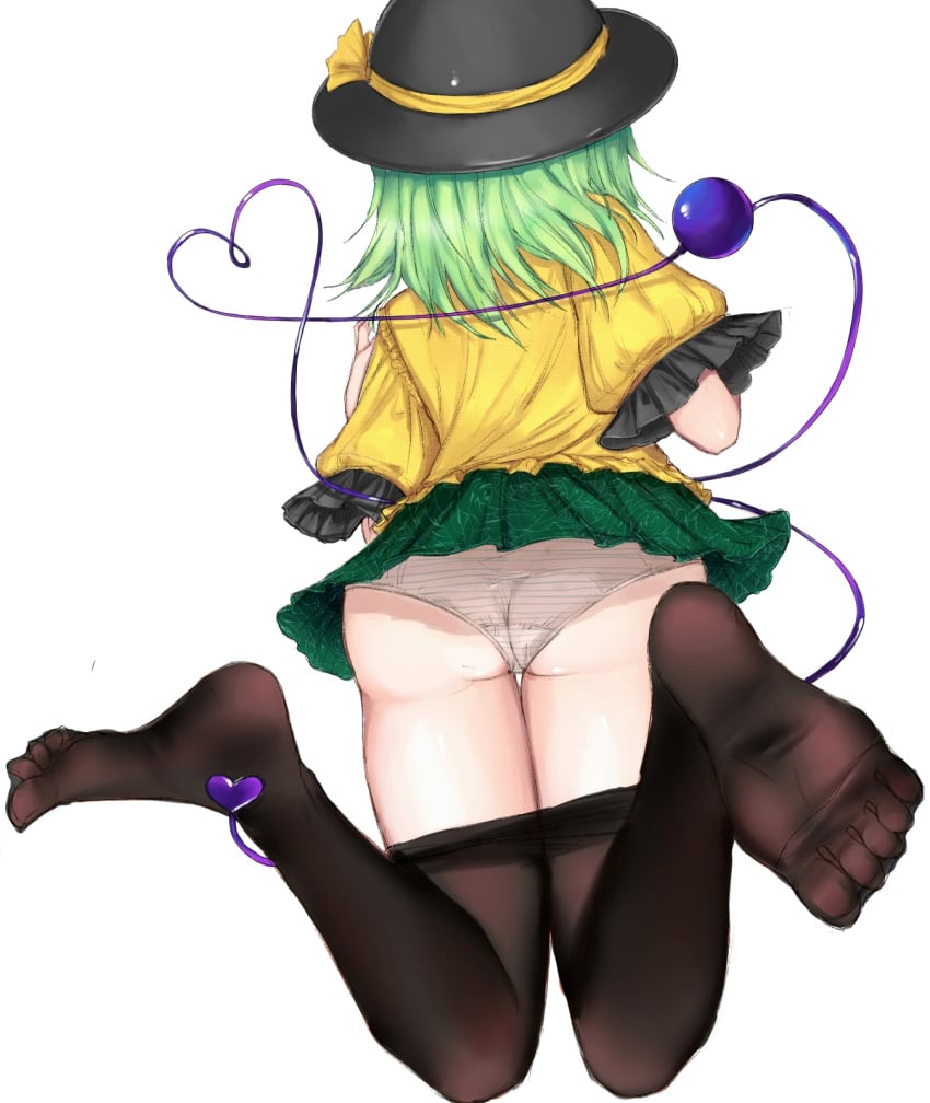 1girls ass ass_focus clothed feet from_behind green_hair hat heib koishi_komeiji komeiji_koishi medium_hair panties ribbon solo striped_panties thighhighs thighs third_eye touhou underwear white_panties