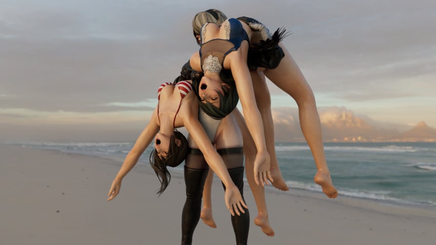 2girls 3d ahe_gao beach bikini carrying dead_or_alive dead_or_alive_5 dead_or_alive_xtreme_venus_vacation defeated kktzane knocked_out limp lingerie misaki_(doa) nier:_automata open_mouth over_the_shoulder ryona swimsuit tamaki_(doa) unconscious upside-down white_eyes yorha_2b