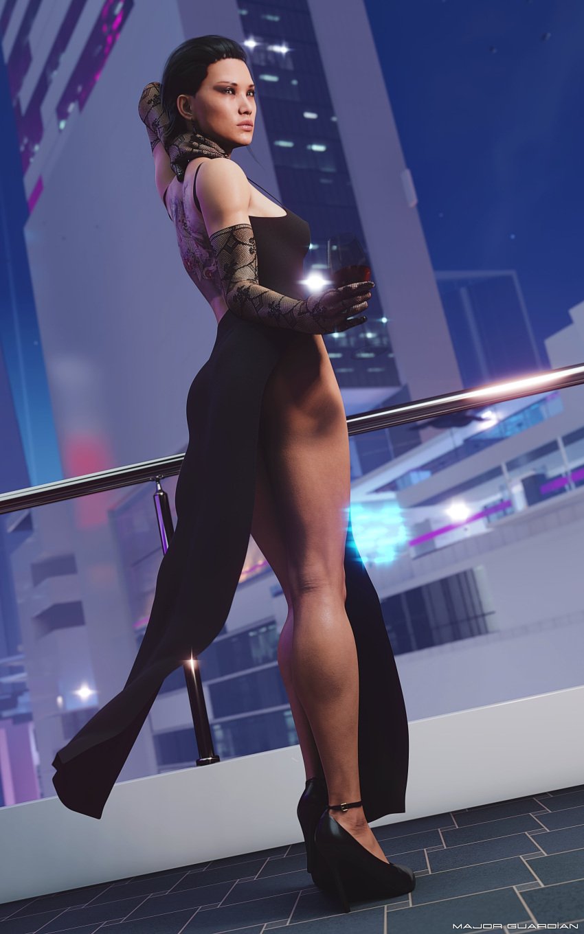 1girls 3d asian_female black_hair caitlyn_connors city dress female isabel_kruger major_guardian mirror's_edge mirror's_edge_catalyst night side_view solo