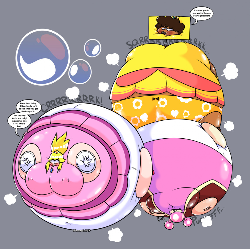 3girls air_inflation bloomers bubbles clothed clothing dark-skinned_female dialogue embarrassed english_text excited fair-skinned_female female female_only floating full_body fwoompcrrkpop grey_background inflation mario_(series) multiple_girls panties princess_daisy princess_peach simple_background speech_bubble spherical_inflation sunken_head sunken_limbs super_mario_bros._wonder tagme text tight_clothes toadette