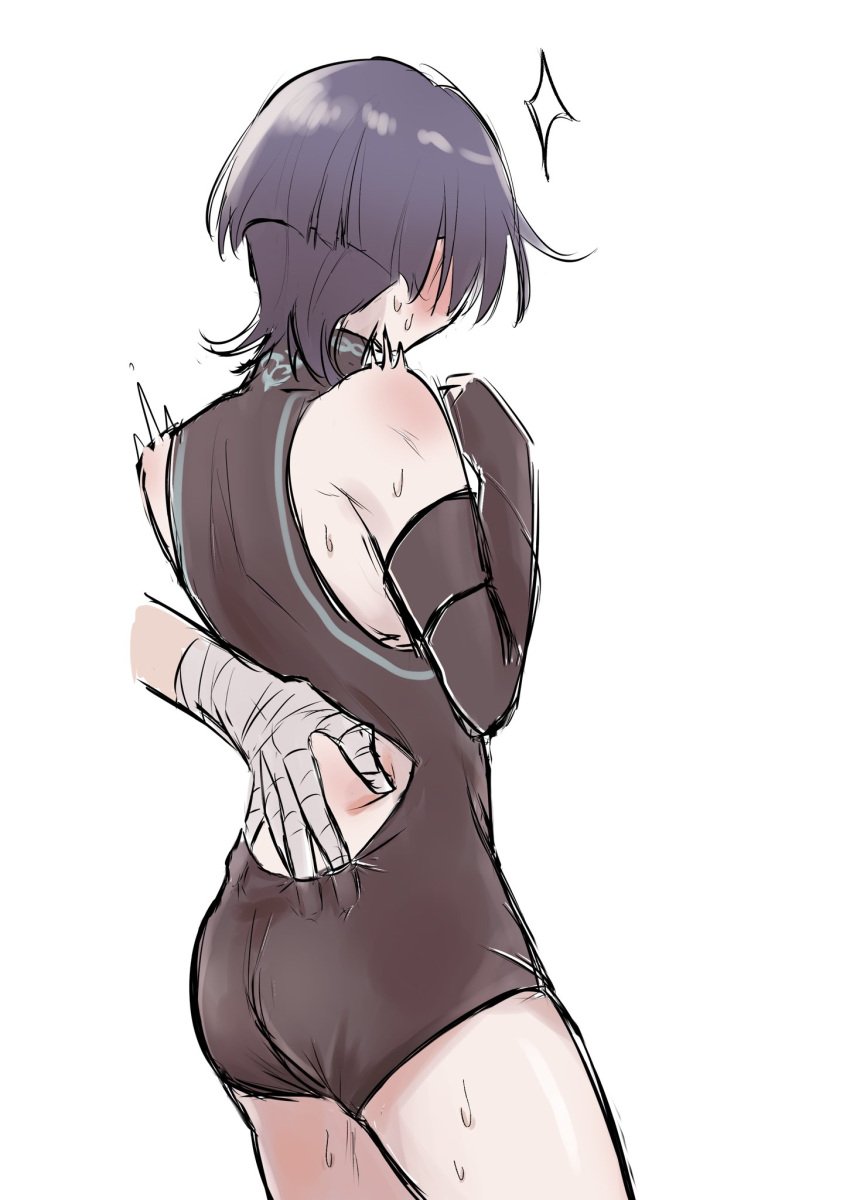 1boy ass back backpussy bare_shoulders blue_hair blush from_behind genshin_impact groping groping_from_behind kaedehara_kazuha male male_only scaramouche_(genshin_impact) sweat twink