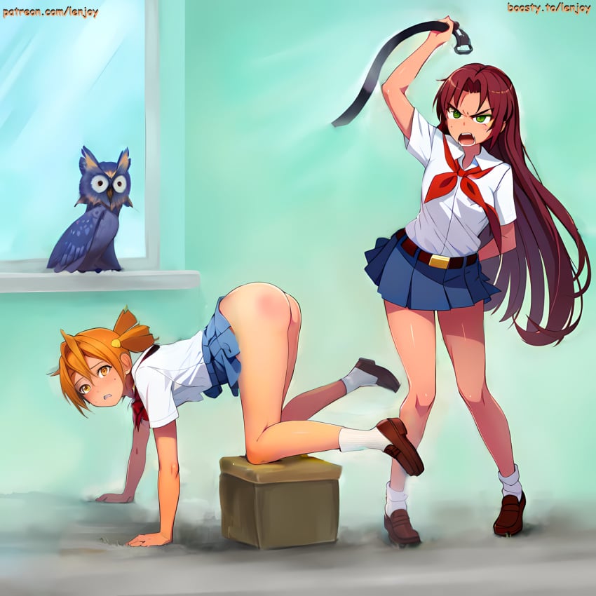 ai_generated alisa_(everlasting_summer) alisa_dvachevskaya angry angry_face ass belt brown_hair everlasting_summer green_eyes lenjoy olga_dmitrievna_(everlasting_summer) orange_eyes orange_hair owl school_uniform spanking spanking_ass twintails watermark