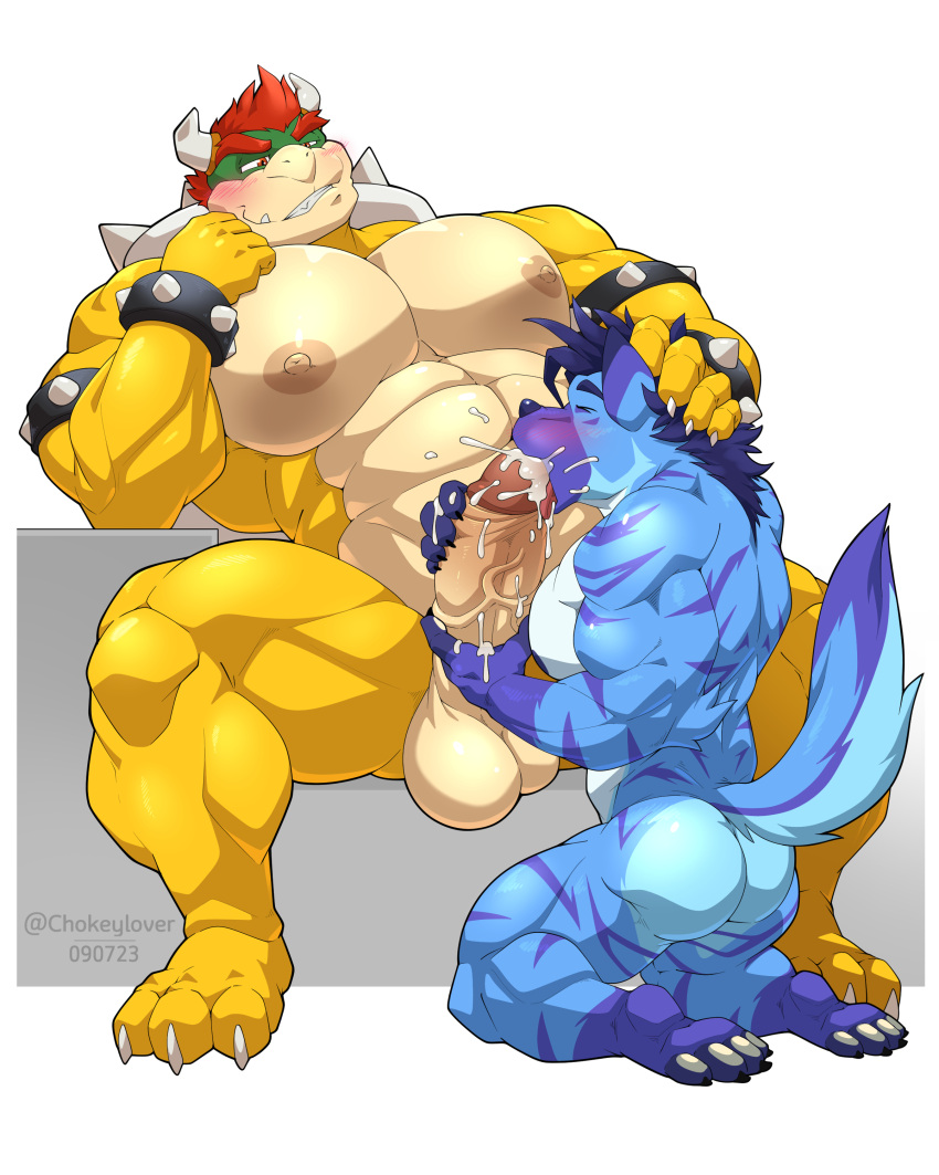 2023 2boys absurd_res alternate_version_available anthro balls black_nose blue_body blue_fur blue_hair blush bodily_fluids bowser bracelet canid canine canis closed_eyes cum duo feet fellatio fur gay genital_fluids genitals hair half-closed_eyes hi_res horn humanoid_genitalia humanoid_penis jewelry koopa maldu male male/male male_only mammal mario_(series) muscular muscular_anthro muscular_male narrowed_eyes nintendo nipples oral penile penis red_eyes red_hair scalie sex shell simple_background spiked_bracelet spiked_shell spikes spikes_(anatomy) teeth vein veiny_penis wolf yellow_body