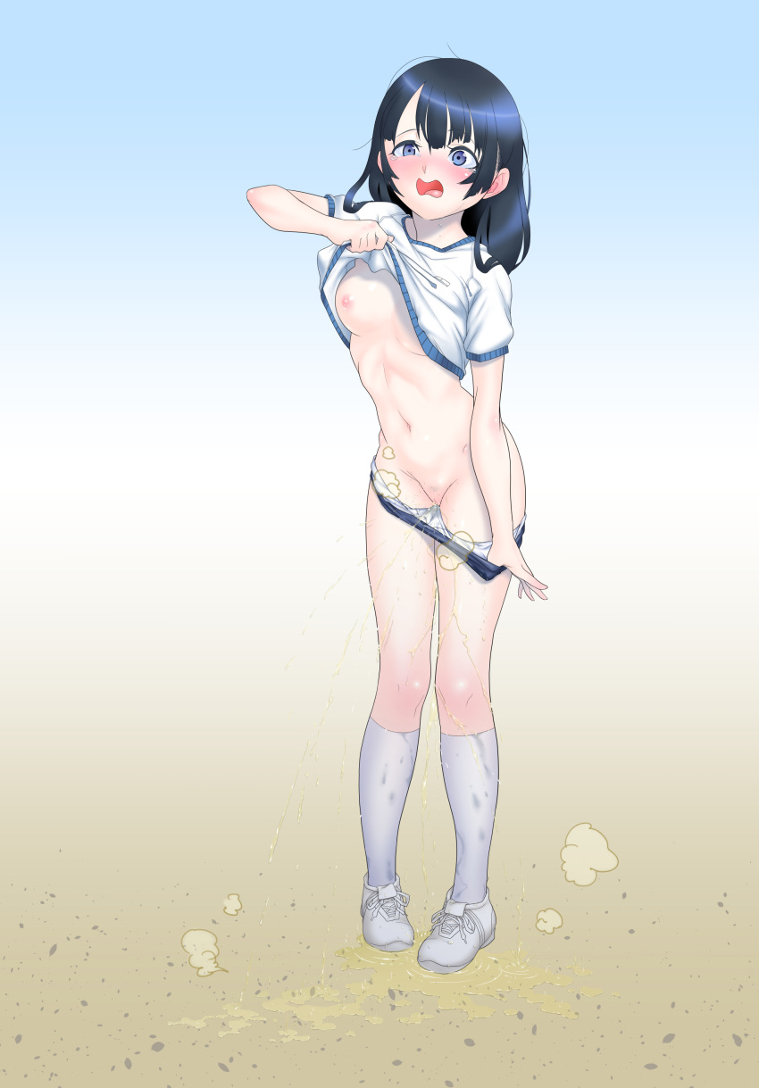 absurdres arm_up black_hair blue_buruma blue_eyes blush breasts buruma buruma_pull clothes_lift commentary cross-laced_footwear embarrassed female female_pubic_hair full_body gradient_background highres kemono_hatsukin knee_socks kneehighs kneesocks legs lifted_by_self long_hair navel nipples no_bra nose_blush open_mouth original peeing peeing_on_floor peeing_self pubic_hair pulled_by_self pussy shirt shirt_lift shoes short_sleeves sidelocks simple_background small_breasts socks solo sparse_pubic_hair standing steam stomach sweat tears thighs two-tone_background uncensored uneven_eyes urine urine_pool wet wet_clothes wet_socks white_footwear white_shirt white_socks