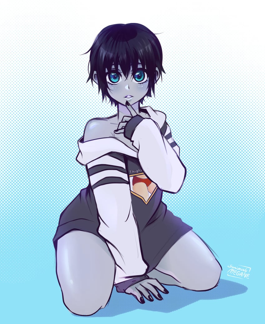 1femboy 1male 2023 absurd_res absurdres artist_name artist_signature baggy_clothes baggy_clothing baggy_shirt black_clothing black_hair black_nail_polish black_nails black_shirt blue_eyes blush blushing_at_viewer detailed_eyes emo facing_viewer femboy feminine feminine_body feminine_male feminine_pose finger_on_chin girly goth gradient_background grey_skin high_resolution highres human human_only kneeling kneeling_down long_sleeve_shirt long_sleeves looking_at_viewer loose_clothes loose_clothing loose_shirt male male_only nail_polish no_pants not_furry on_knees painted_nails pantless sammaslammajama seriouslymegane shirt simple_background skinny skinny_male solo striped_clothing striped_shirt sweater sweater_only touching_chin trap white_body white_clothing white_shirt white_skin