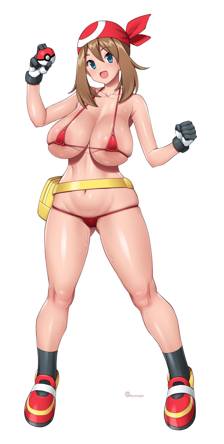 1girls blue_eyes breasts brown_hair female hi_res hips huge_breasts light-skinned_female light_skin long_hair may_(pokemon) micro_bikini nintendo onomeshin pokemon pokemon_rse thick_thighs thighs wide_hips