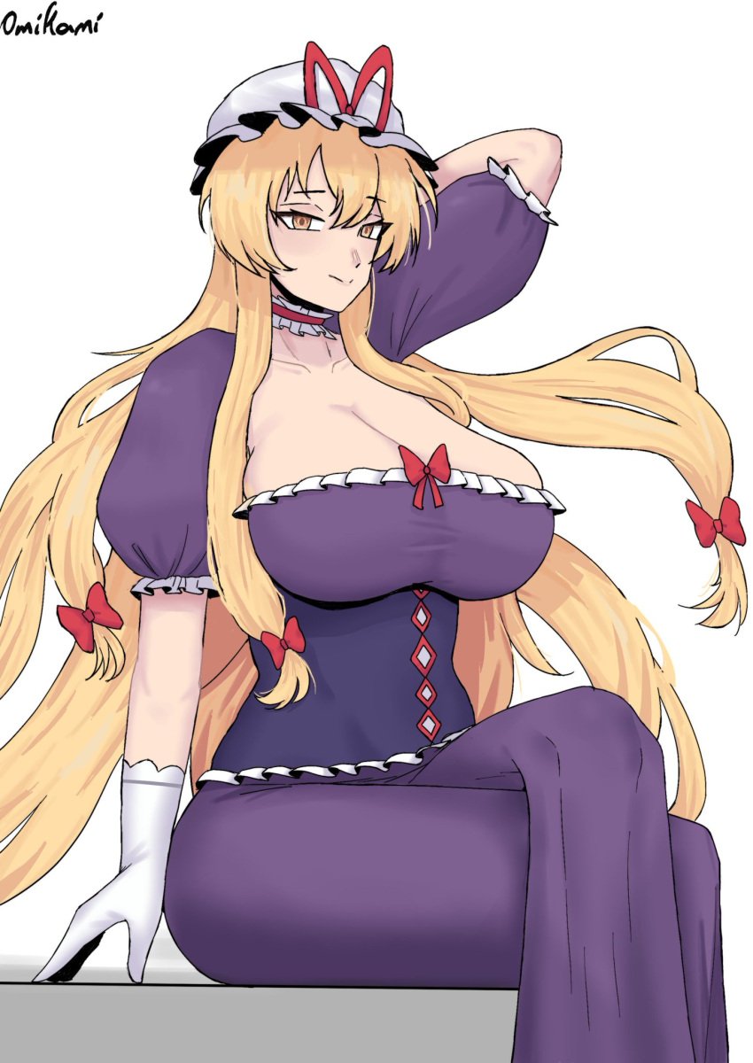 1girls big_breasts blonde_hair cleavage clothed_female curvy gloves hat huge_breasts large_breasts light-skinned_female long_gloves long_hair looking_at_viewer mature_female omikami sitting solo solo_female thick_thighs touhou voluptuous watermark white_background yellow_eyes yukari_yakumo