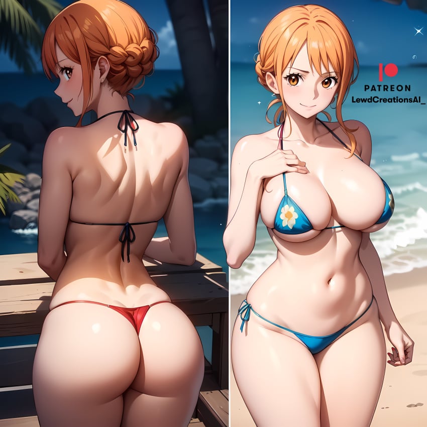 1girls ai_generated beach big_breasts breasts brown_eyes busty curvy female female_only ginger_hair huge_breasts lewdcreationsai long_hair looking_at_viewer nami navel one_piece orange_hair outdoors post-timeskip skimpy skimpy_bikini sky small_bikini solo tattoo thick_thighs tiny_bikini voluptuous