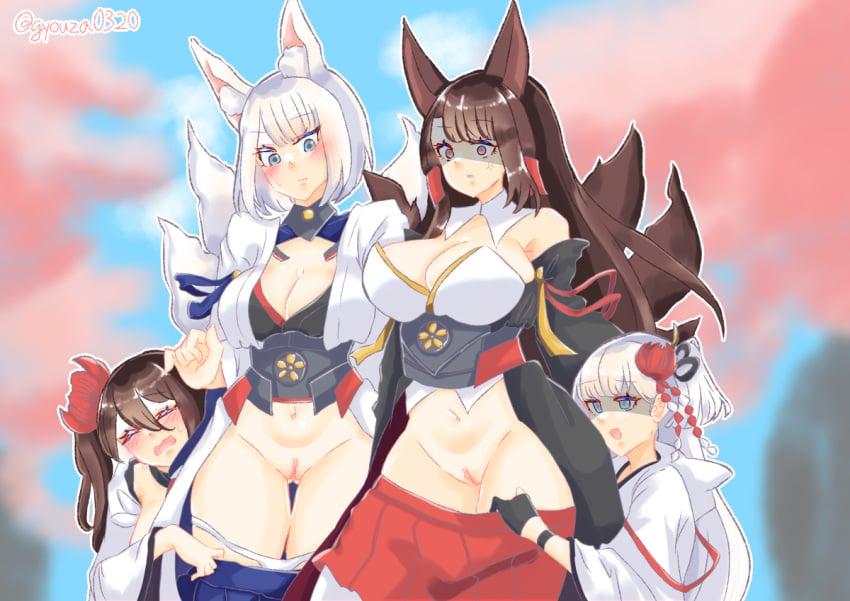 akagi_(azur_lane) artist_signature azur_lane blue_eyes blush brown_hair crying fox_ears fox_girl fox_tail kaga_(azur_lane) mosaic_censoring multiple_tails pulling_down_pants pulling_panties shaded_face shoukaku_(azur_lane) tagme tagme_(artist) white_hair zuikaku_(azur_lane)