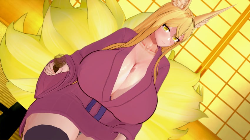 1girls 3d blonde_hair breasts breasts_bigger_than_head cleavage fluffy_tail fluffy_tails fox_ears fox_girl fox_tail fox_tails hirume hirume_of_heavenly_incense huge_breasts indoors kimono koikatsu last_origin looking_at_viewer multiple_tails pov sole_female thighhighs yellow_eyes