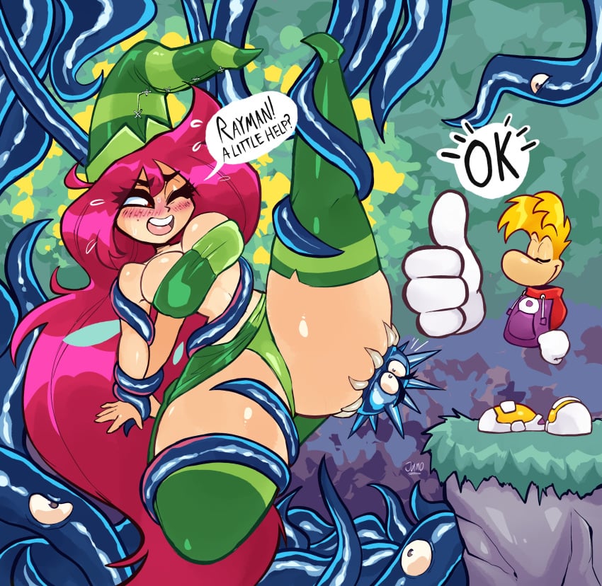 1boy 1girls ass betilla_(rayman) big_ass big_thighs blush breasts child_bearing_hips clothing curvy curvy_body curvy_female curvy_figure fairy female gigantic_thighs green_clothing huge_thighs imminent_rape jamoart large_thighs larger_female legwear long_hair male nymph_(rayman) one_eye_closed open_mouth rayman rayman_(series) red_hair size_difference skimpy slim_waist smaller_male tentacle tentacle_rape tentacle_sex thick_thighs thin_waist thumbs_up thunder_thighs very_long_hair wide_hips