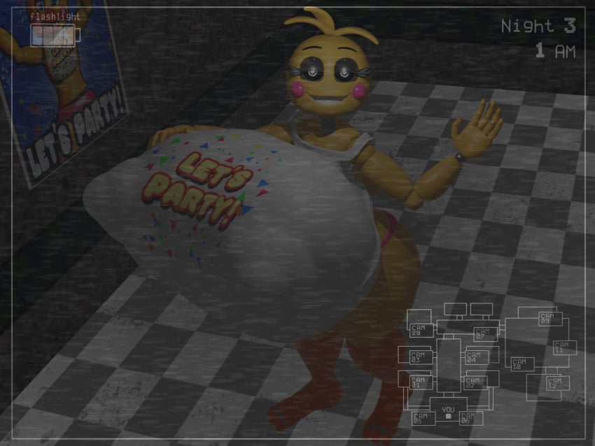 big_ass big_breasts breasts_bigger_than_head camera_view chatty clothed female female_only five_nights_at_freddy's glamrockchatty huge_ass hyper hyper_breasts nipples_visible_through_clothing no_bra robot robot_girl security_camera solo toy_chica_(fnaf) toy_chica_(love_taste)