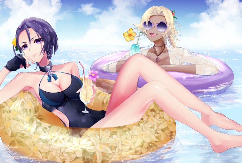 2girls alternate_costume artist_name bikini black_one-piece_swimsuit black_swimsuit blonde_hair blue_hair catherine_(fire_emblem) catherine_(summer)_(fire_emblem) cleavage dark-skinned_female dark_skin drink feet female female_only fire_emblem fire_emblem:_three_houses fire_emblem_heroes flower flower_pattern hair_flower highres innertube large_breasts light-skinned_female light_skin necklace nintendo ocean official_alternate_costume one-piece_swimsuit open_mouth partially_submerged purple_eyes shamir_nevrand shamir_nevrand_(summer) sunglasses swimsuit water watermark white_bikini white_swimsuit ykhay22