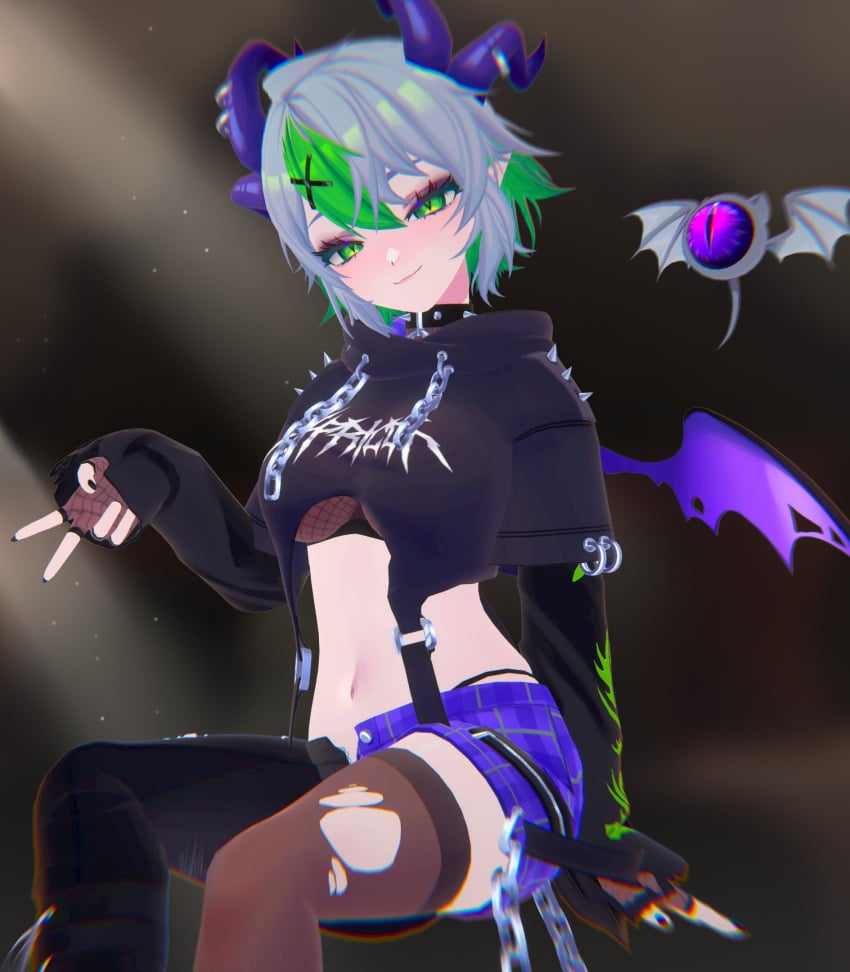 3d ashen_hair clothed clothing crop_top cropped_hoodie demon_horns demon_wings female_only fishnet_shirt fishnets froot green_eyes green_highlights leggings lich long_sleeves looking_at_viewer midriff navel peace_sign short_hair shorts sitting smug smug_face solo solo_female tagme torn_legwear underboob virtual_youtuber vshojo