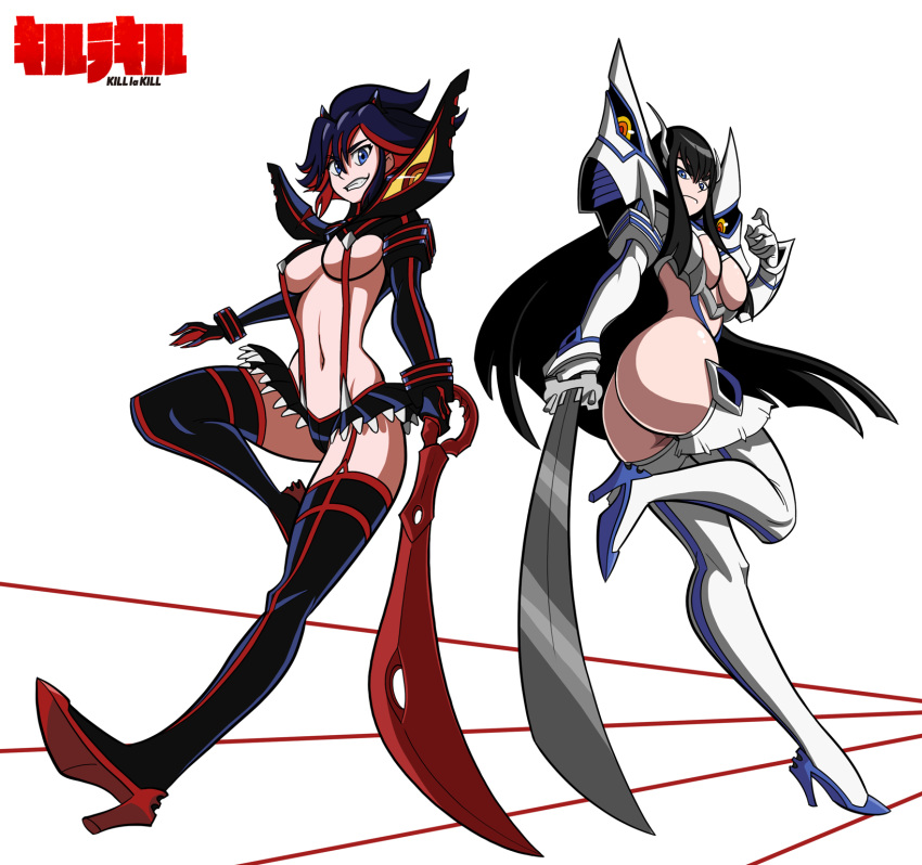 2girls ass bakuzan blue_eyes breasts dark_hair fat_ass female female_only huge_ass huge_breasts junketsu kill_la_kill kiryuuin_satsuki matoi_ryuuko multiple_girls scissor_blade senketsu sword thick_thighs usmanhayat white_background wide_hips